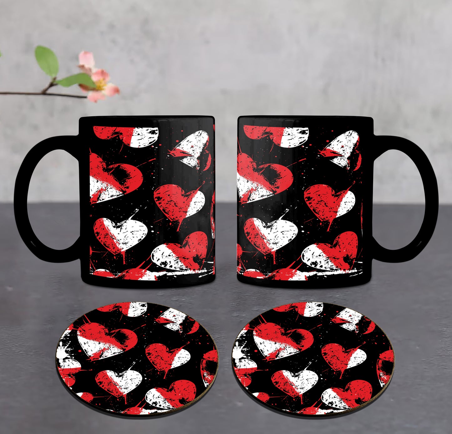 Red and White Stamped Hearts Pattern Combo Mugs and Coaster(Set of 2 Mugs and 2 coasters) 330 ml Full Black Coffee Mug