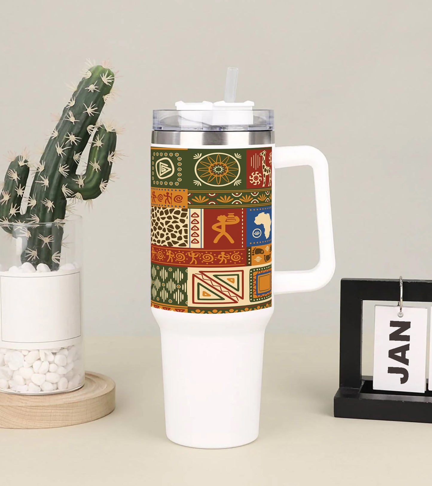 Flat African pattern 3 design Printed 850ML with Lid Leak Proof Big Travel Tumbler with Handle and Straw