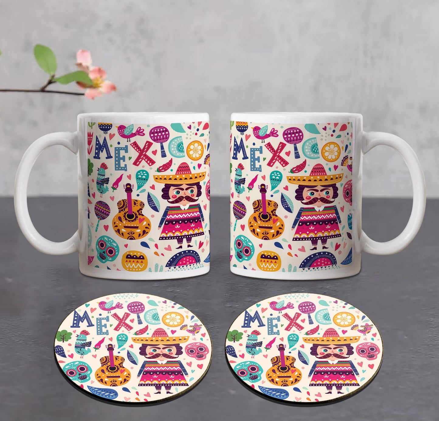 Mexico vector art Combo Mugs and Coaster(Set of 2 Mugs and 2 coasters) 330 ml Coffee Mug