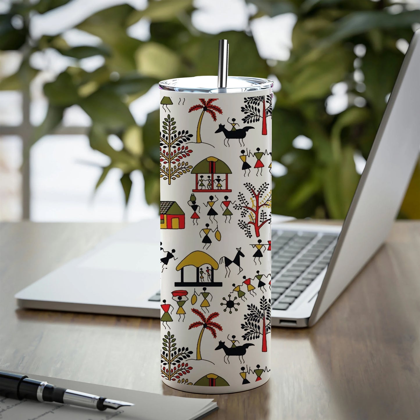 Hand drawn traditional the ancient tribal art India Printed 750ML with Lid Leak Proof Travel Tumbler with Straw