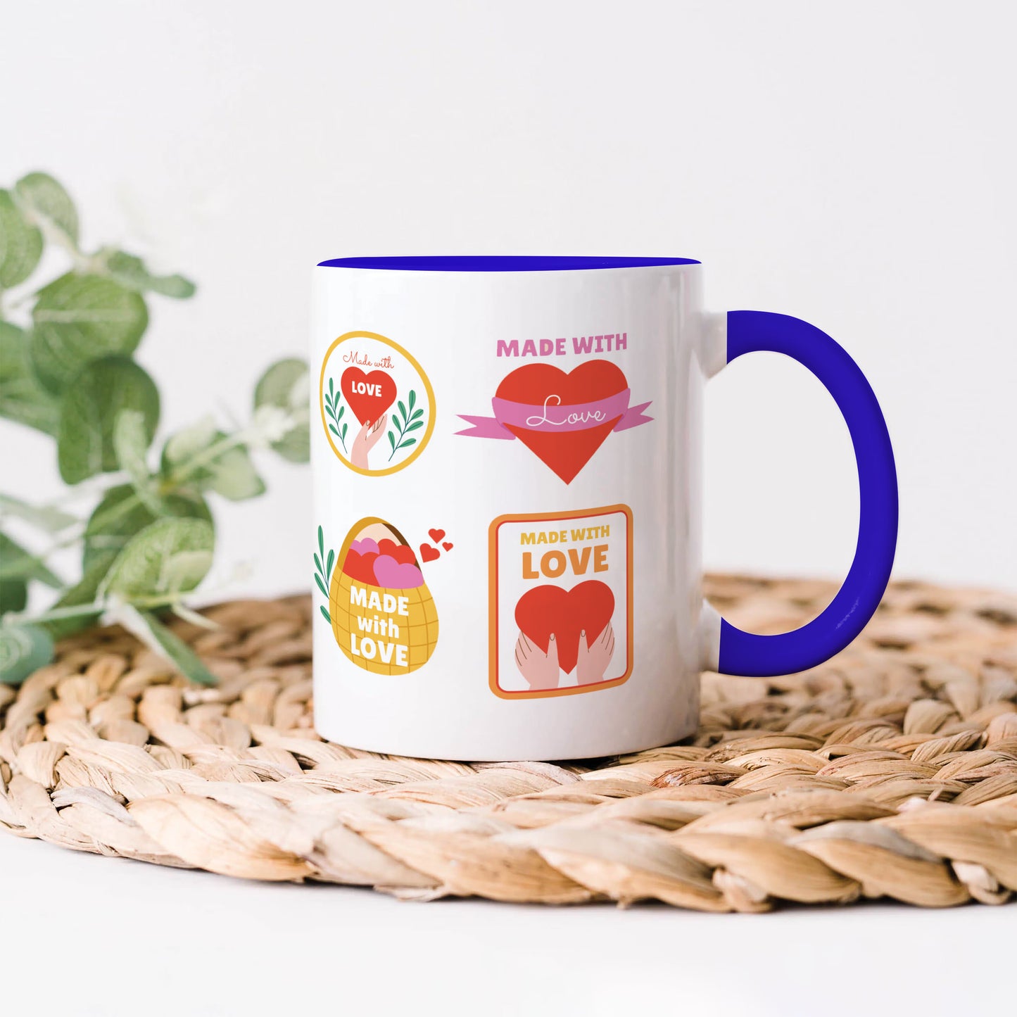 Hand drawn made with love floral label design Dark Blue Handle 330 ml Coffee Mug