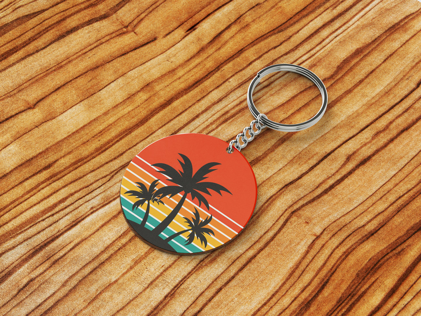 Sunset palm tree vintage vector illustration Printed Round Circle Shape Wooden Keyring with Chain