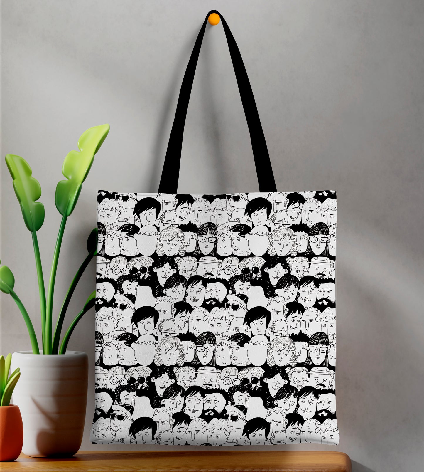 Seamless faces Art Design Printed Black Handle Tote Bag (14 X 16 Inches) For Shopping, College, Travel