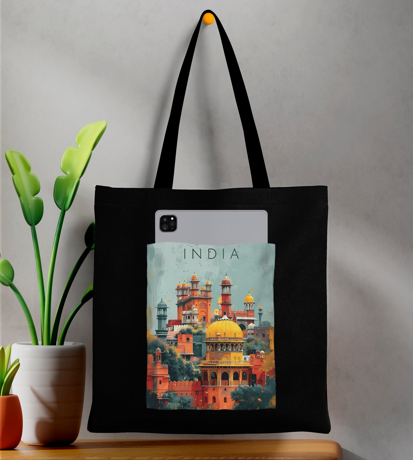 Indian Fort Vector Design Printed Black Patch With Pocket Tote Bag (14 X 16 Inches) For Shopping, College, Travel