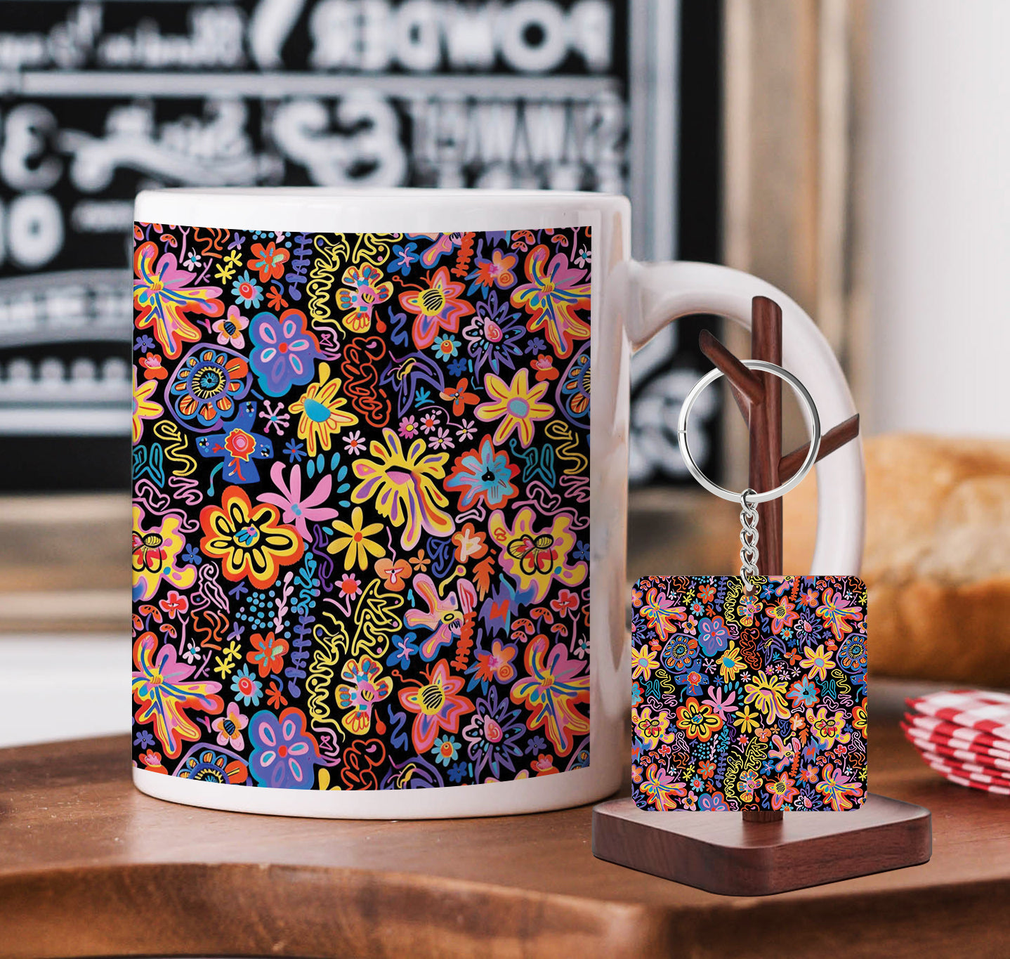 Colorful Flowers Pattern Printed 330 ml White Coffee Mug with Square Shape Wooden Keyring and Chain