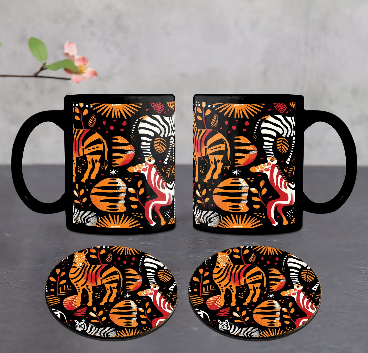 Zebras African Seamless Pattern Combo Mugs and Coaster(Set of 2 Mugs and 2 coasters) 330 ml Full Black Coffee Mug