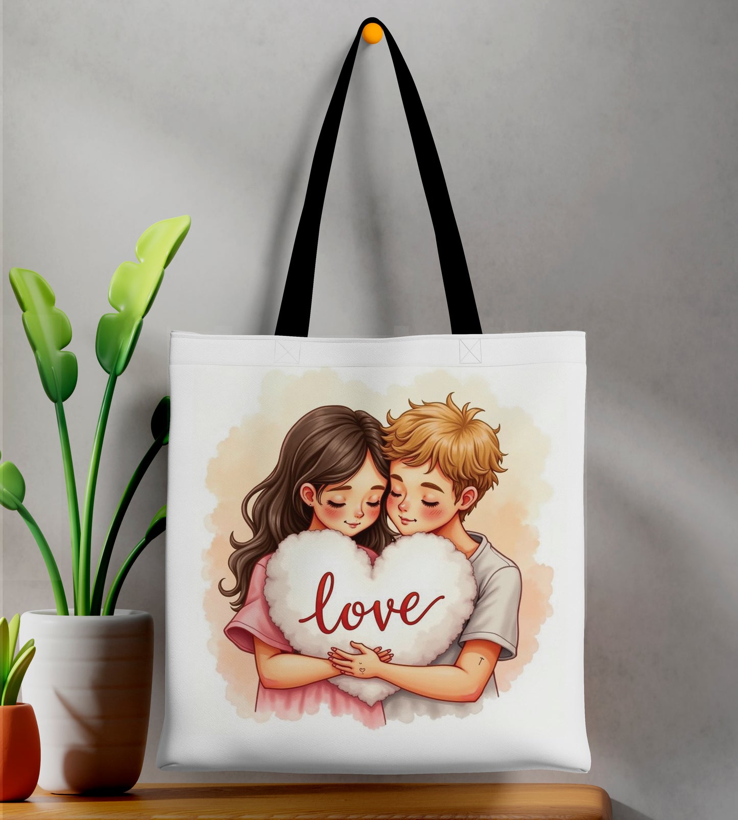 Cute Couple Vector Art Design Printed Black Handle Tote Bag (14 X 16 Inches) For Shopping, College, Travel