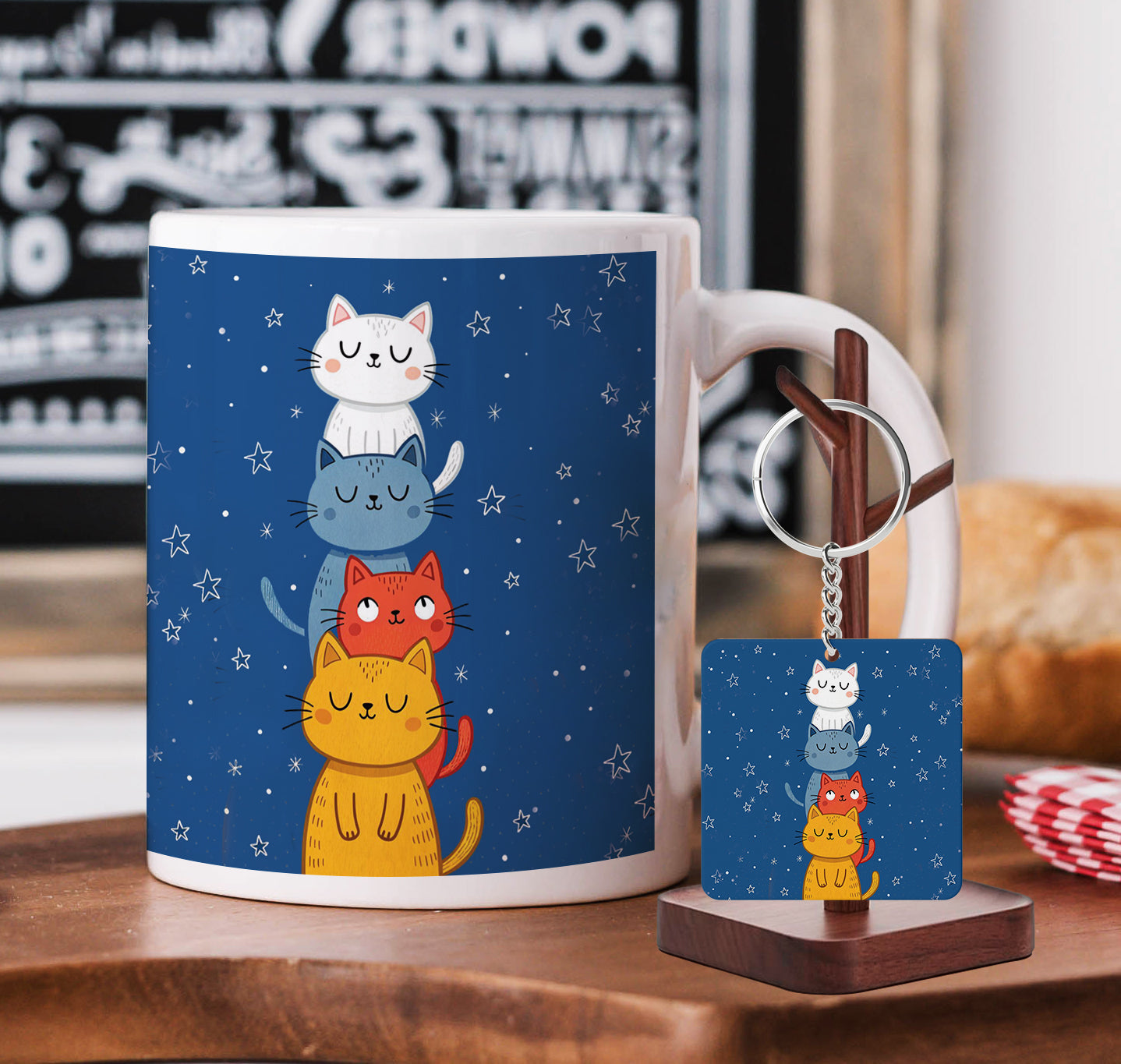 Cat illustration Pattern Printed 330 ml White Coffee Mug with Square Shape Wooden Keyring and Chain