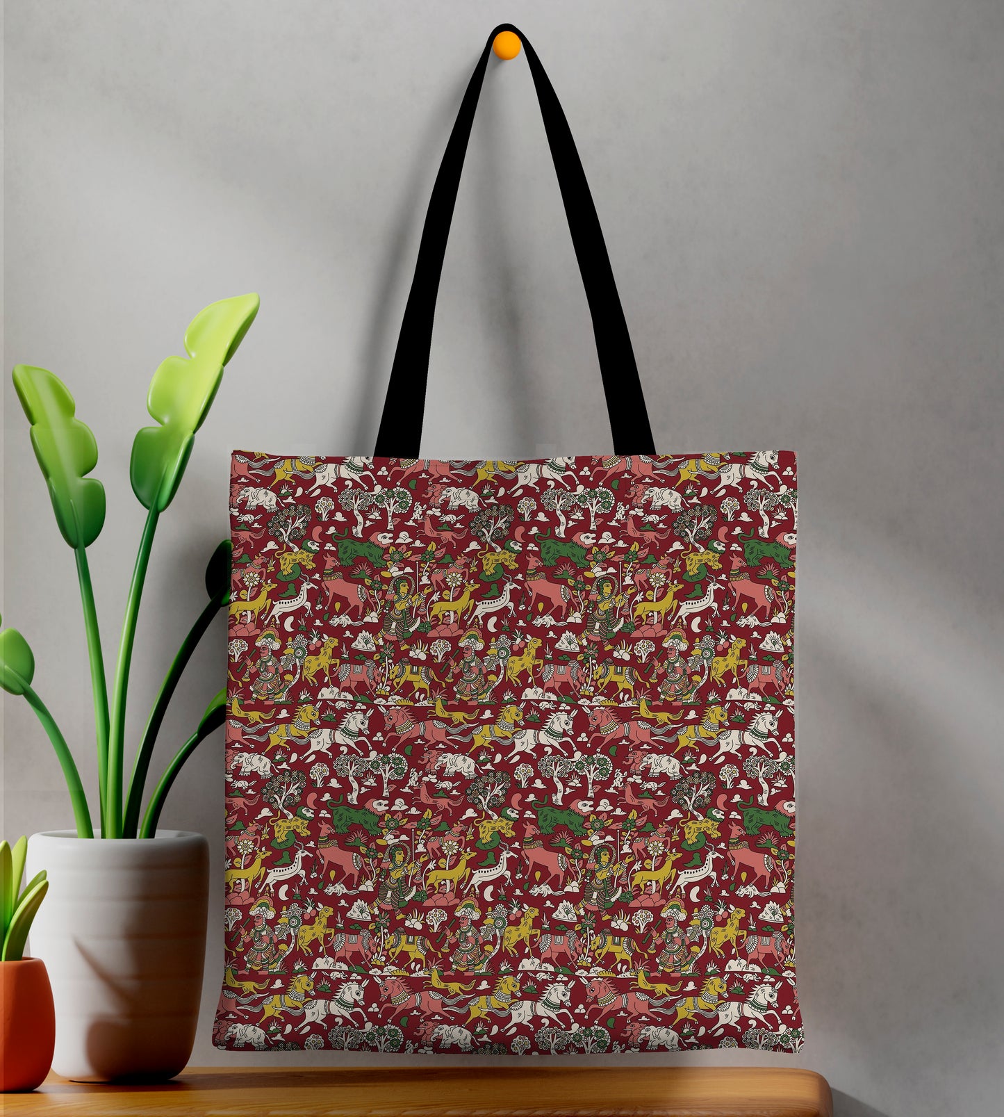 Kalamkari Art Design Printed Black Handle Tote Bag (14 X 16 Inches) For Shopping, College, Travel