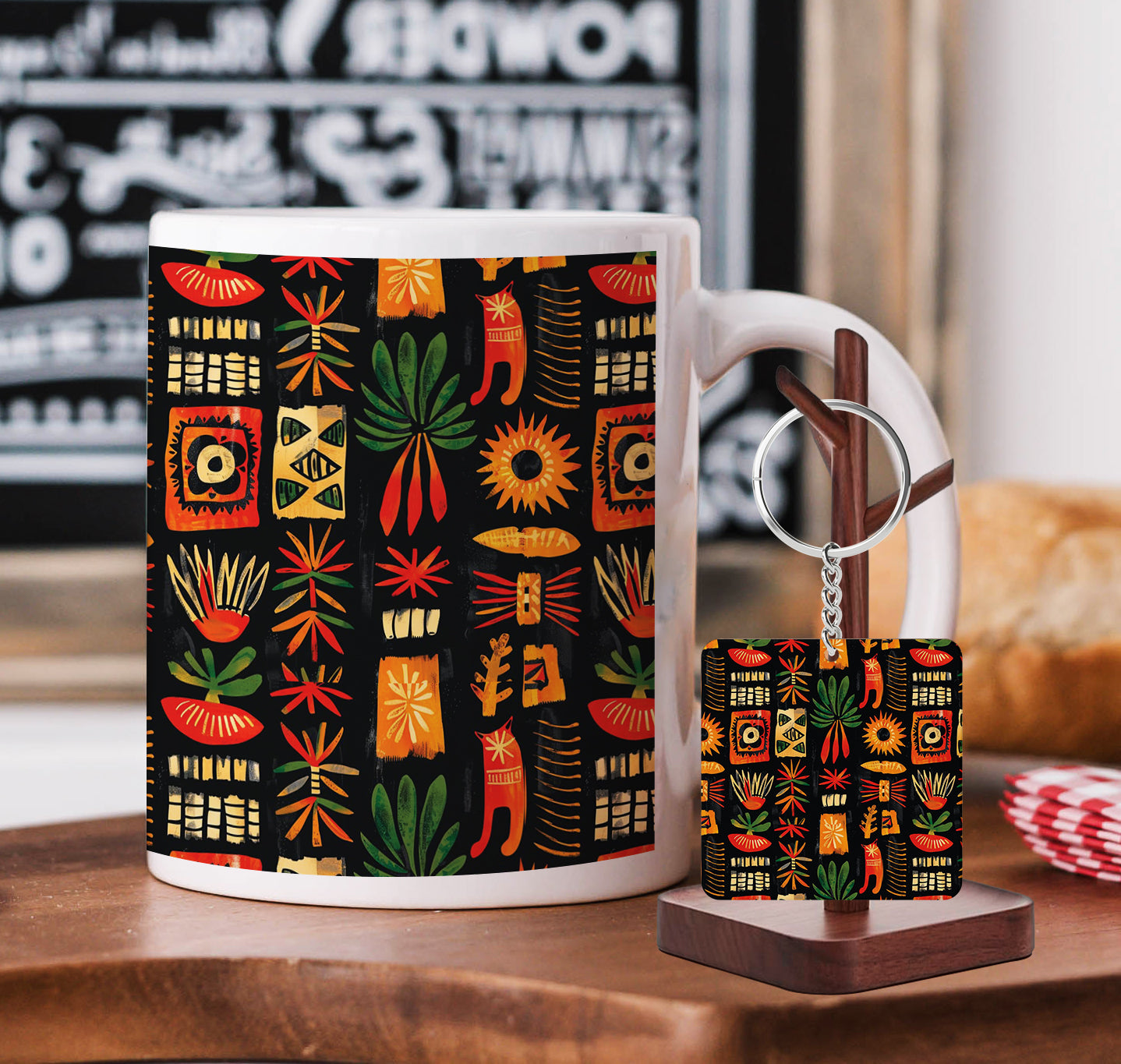 African Tribal Pattern Printed 330 ml White Coffee Mug with Square Shape Wooden Keyring and Chain
