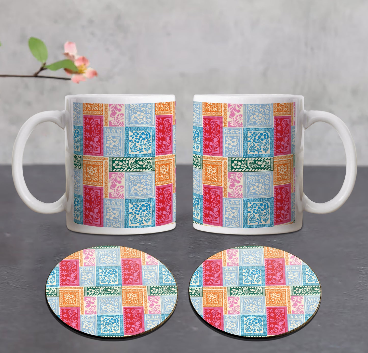 Textiles Design Combo Mugs and Coaster(Set of 2 Mugs and 2 coasters) 330 ml Coffee Mug
