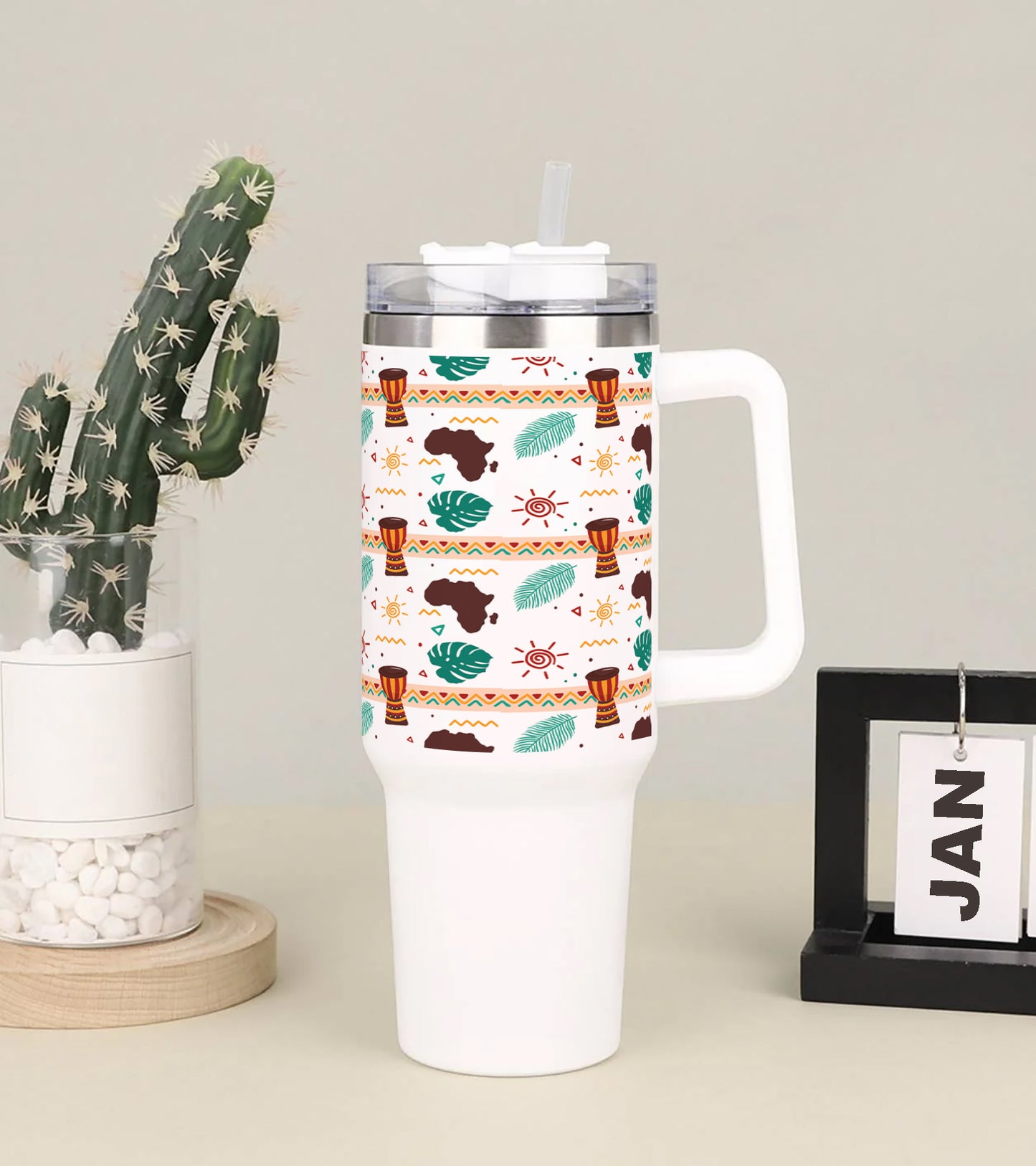Flat african pattern design Printed 850ML with Lid Leak Proof Big Travel Tumbler with Handle and Straw