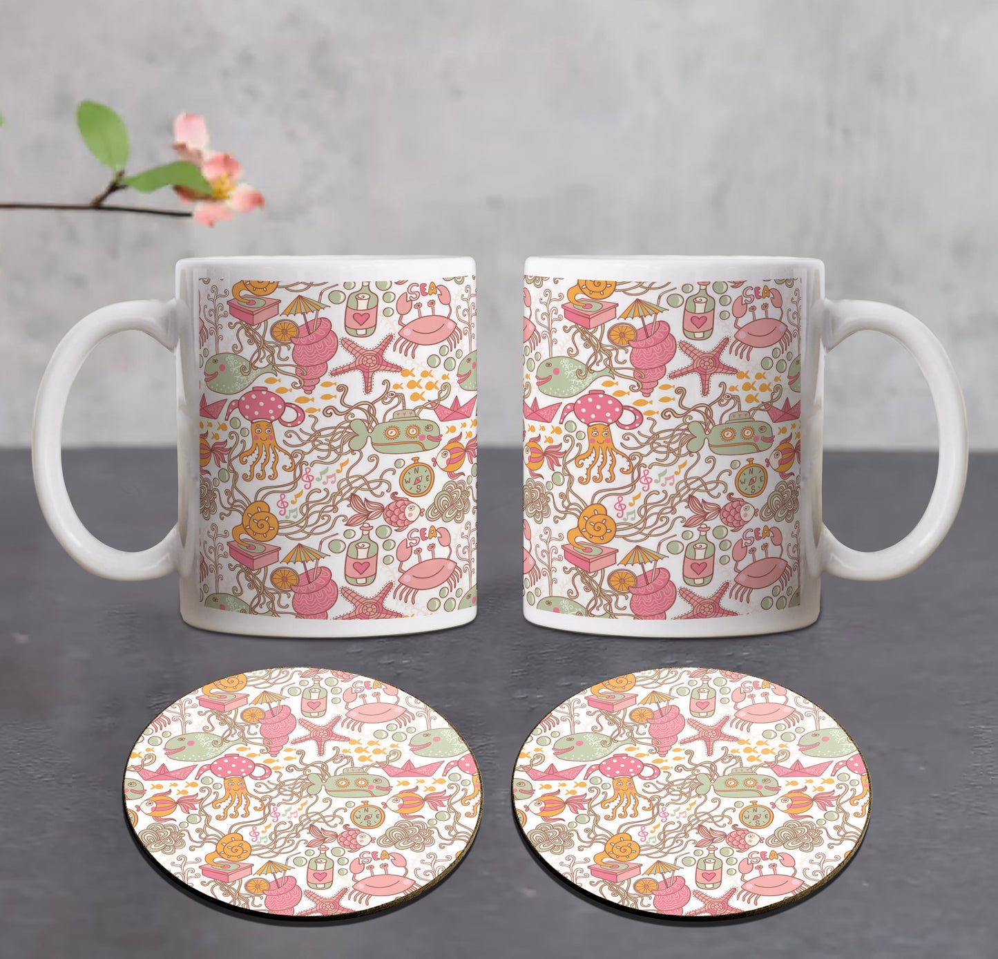 Sea Cartoon set seamless pattern Combo Mugs and Coaster(Set of 2 Mugs and 2 coasters) 330 ml Coffee Mug