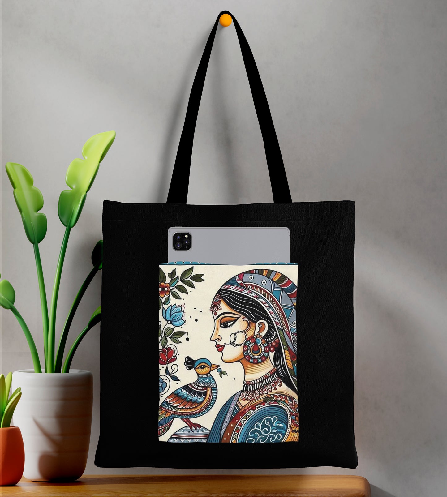 Modern Mandala Art Design Printed Black Patch With Pocket Tote Bag (14 X 16 Inches) For Shopping, College, Travel