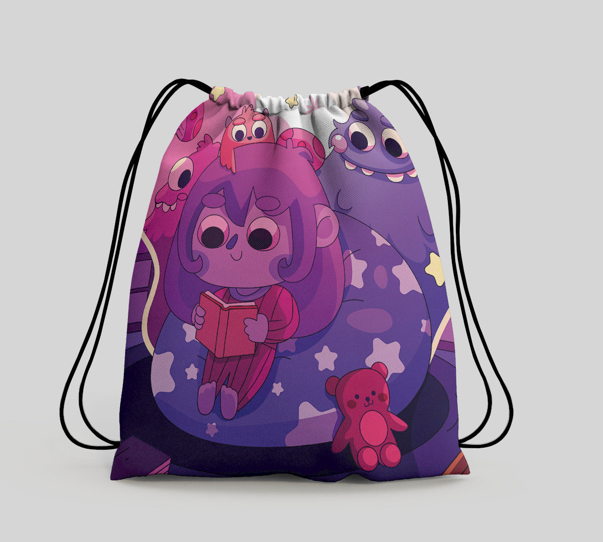 Hand Drawn Bedtime Stories illustration Polyester String Backpack Bags for kids for Gym, Yoga, Tuition ,Beach Bag for 4-10 year boys and girls