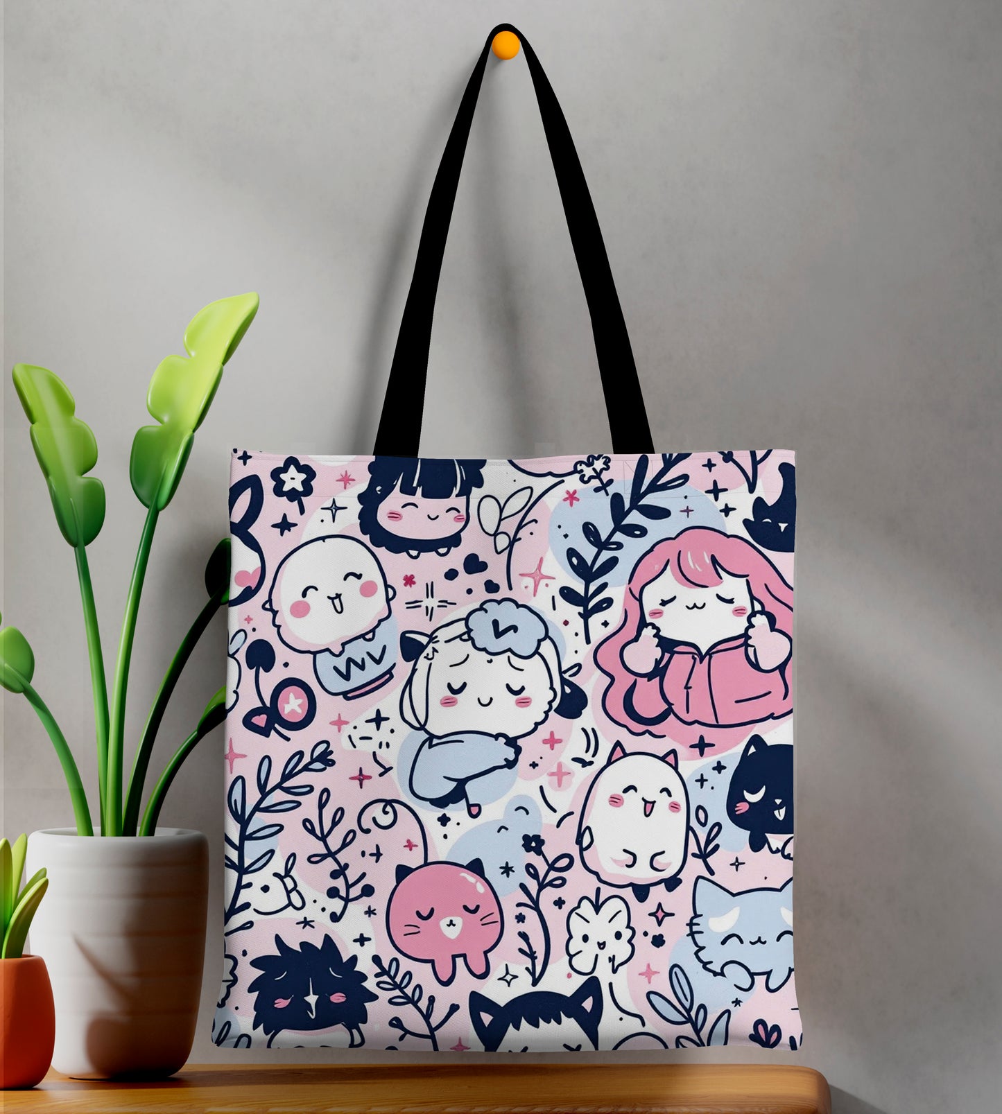 Cute Cats Pattern Printed Black Handle Tote Bag (14 X 16 Inches) For Shopping, College, Travel
