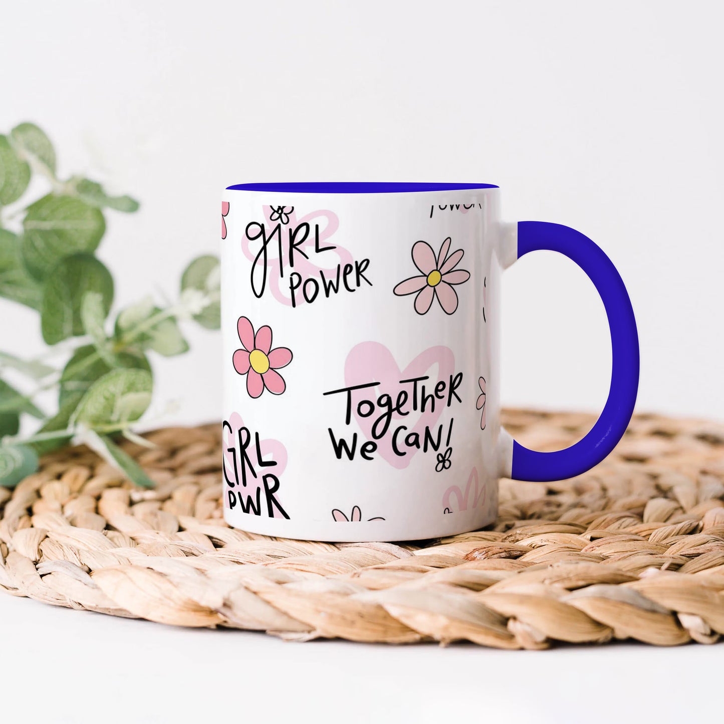 Cute pink flower and heart Seamless pattern Dark Blue Handle 330 ml Coffee Mug