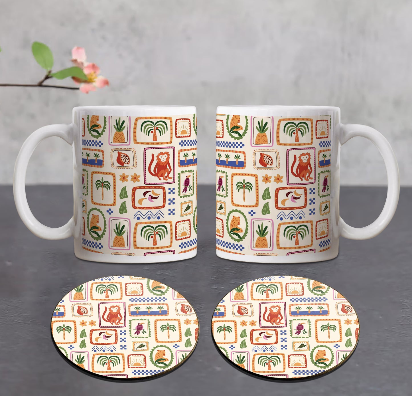 Tropical Jungle patchwork seamless pattern Combo Mugs and Coaster(Set of 2 Mugs and 2 coasters) 330 ml Coffee Mug
