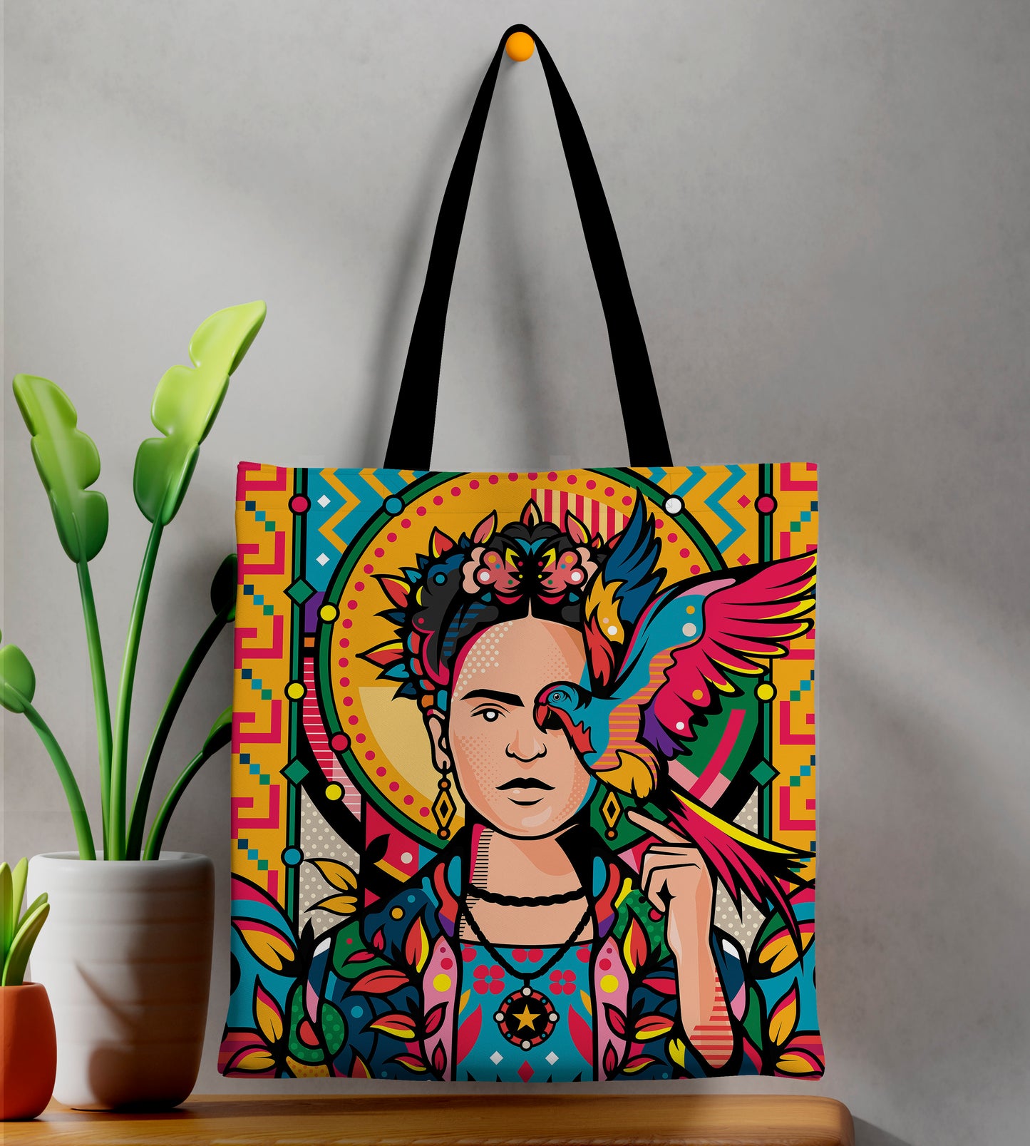 Indian Aesthetic Pop Art Design Printed Black Handle Tote Bag (14 X 16 Inches) For Shopping, College, Travel