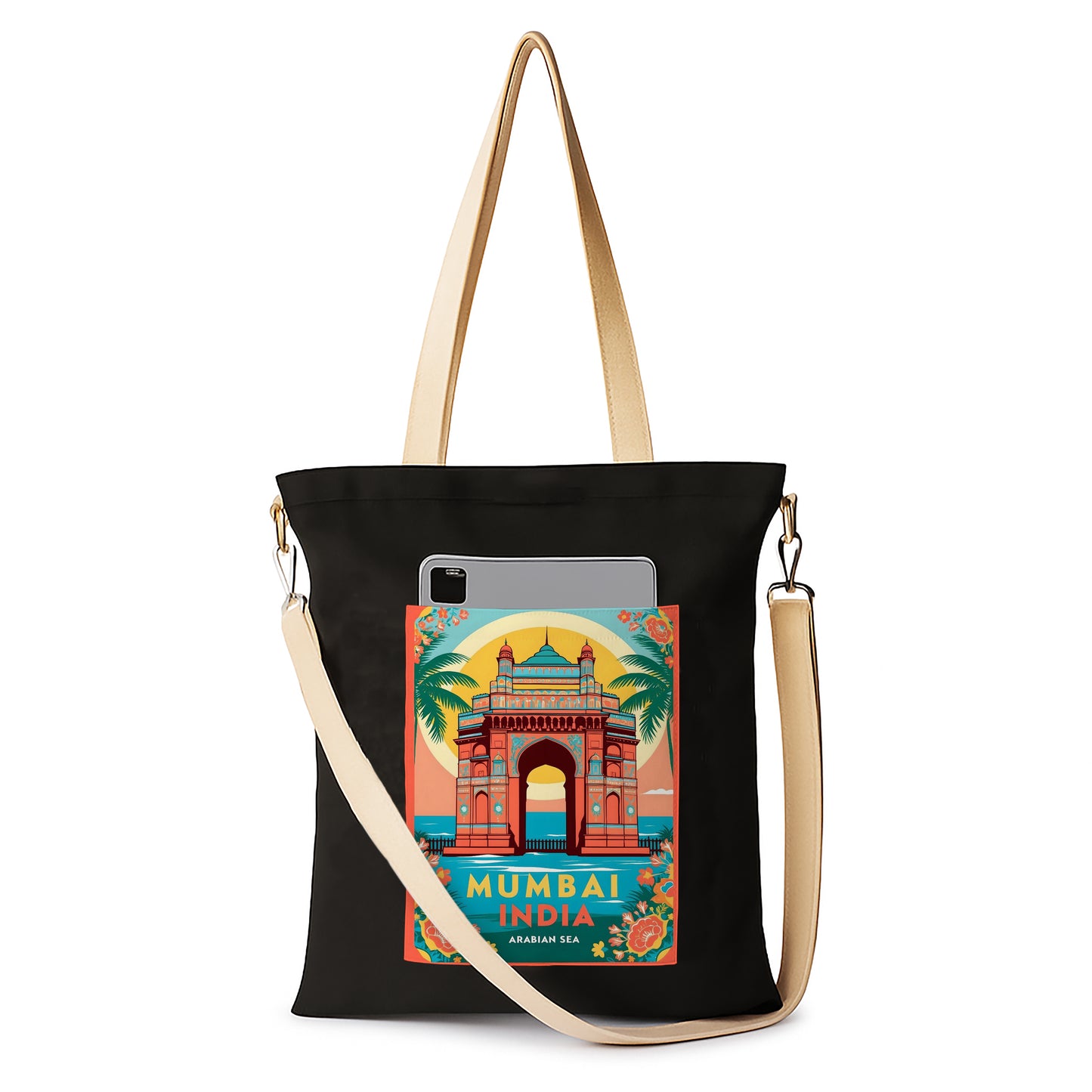 Mumbai India Printed Women's Girls Cross Body Sling Bag with Extra Front Pocket, College Bag for Girls, Tote Bag for Shopping,Travel