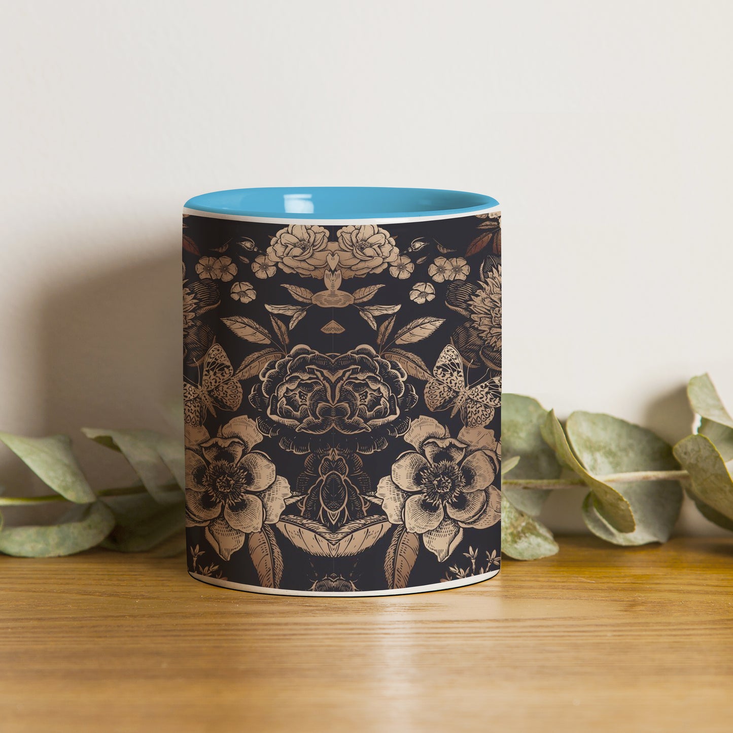 Gold flowers design Pattern Sky Blue Handle 330 ml Coffee Mug
