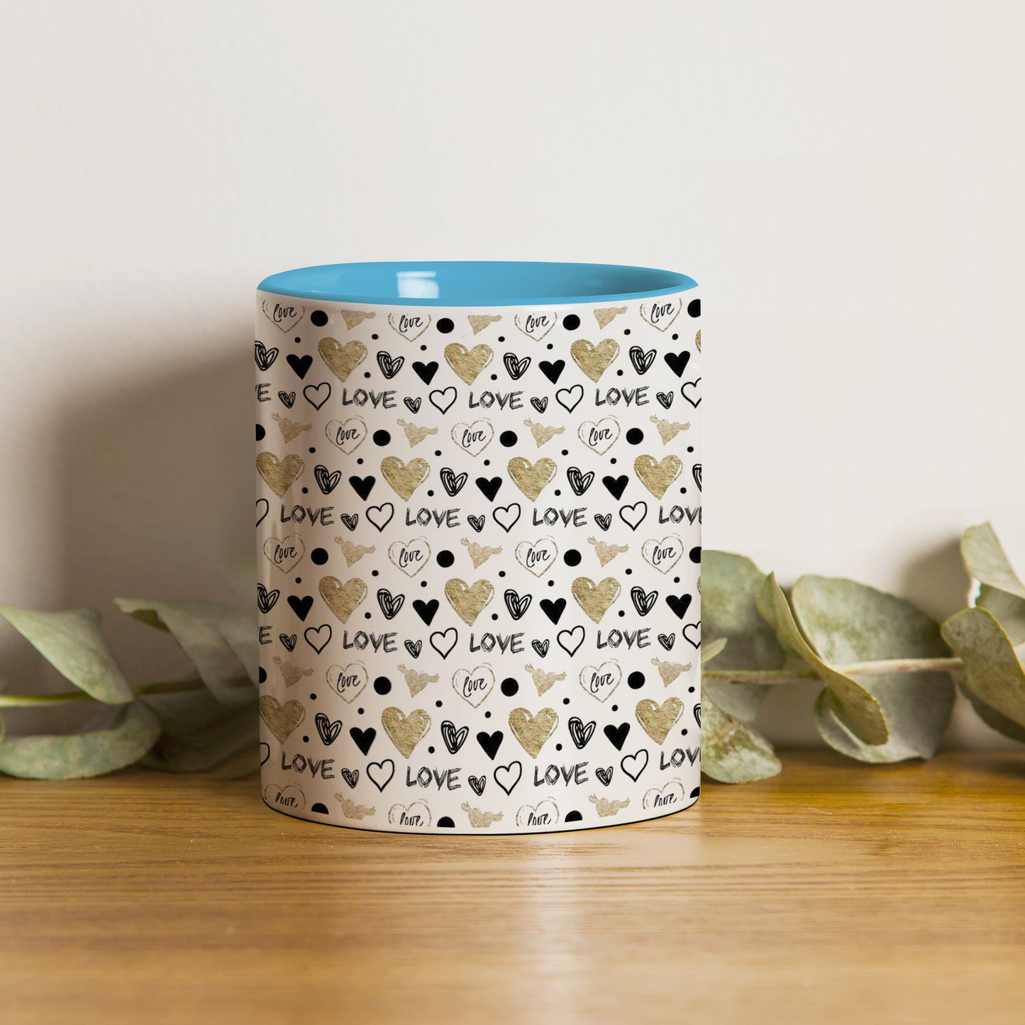 Hand drawn golden and black hearts design Pattern Sky Blue Handle 330 ml Coffee Mug