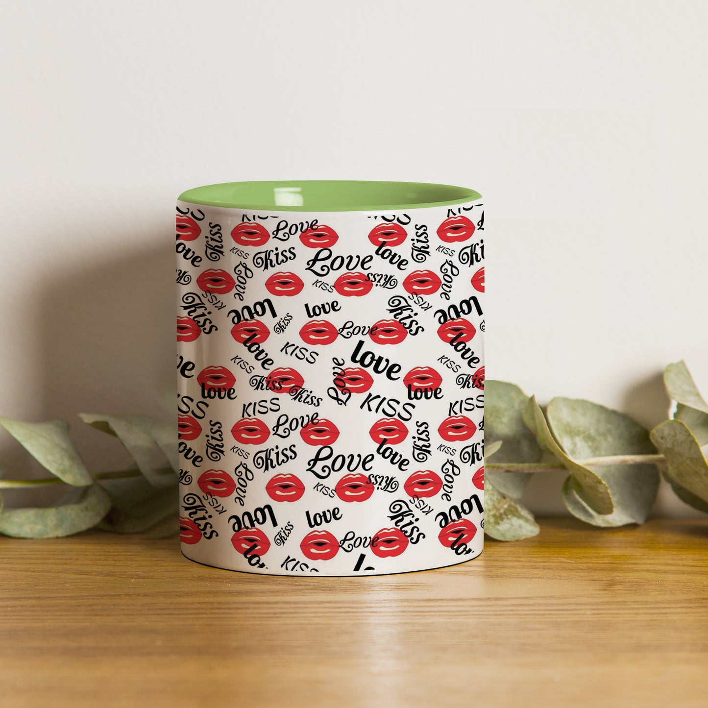 red kissing lips vector Pattern design Pattern Lite Green Handle 330 ml Coffee Mug
