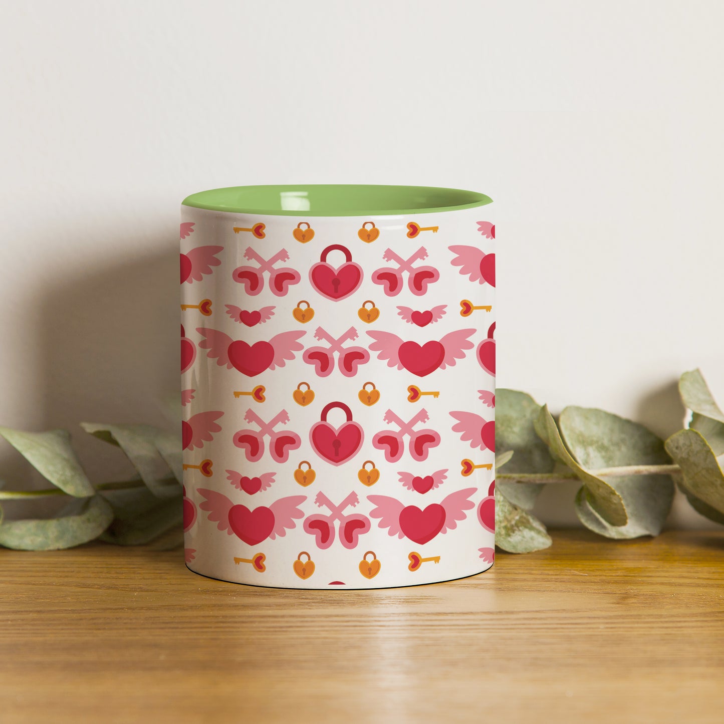 red seamless love element pattern design (2) Pattern Lite Green Handle 330 ml Coffee Mug