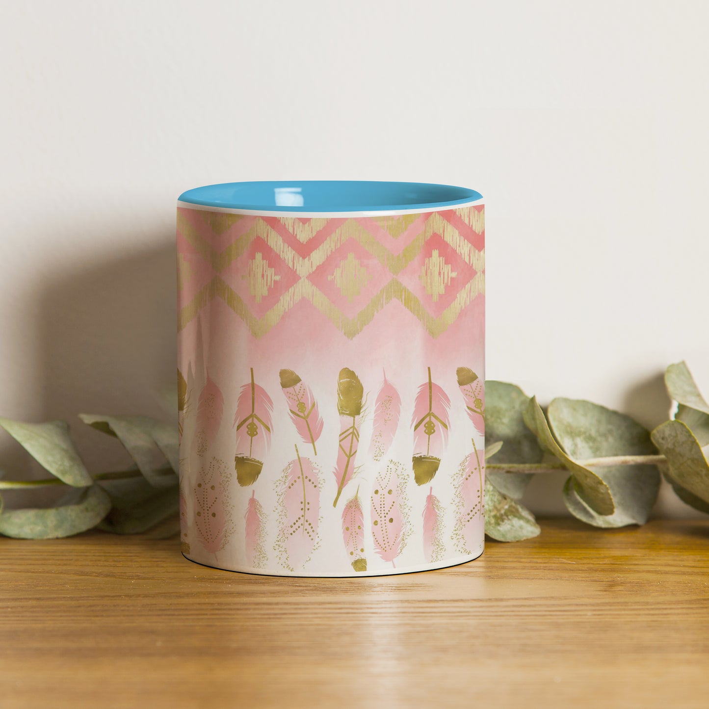 Pink plumas design Pattern Sky Blue Handle 330 ml Coffee Mug
