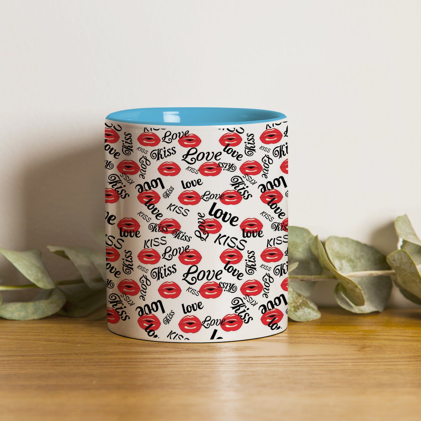 Red kissing lips vector Pattern design Pattern Sky Blue Handle 330 ml Coffee Mug
