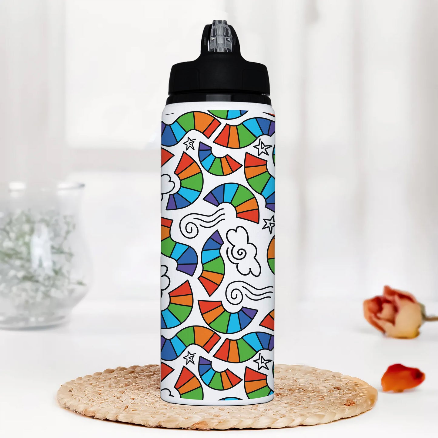 Hand drawn rainbow pattern design Printed Black Nozzle Water Bottle 750 ml For Gym, Yoga, Kids, Boys, Girls, Brother, Sister, Babies, Baby, Workout, Adults