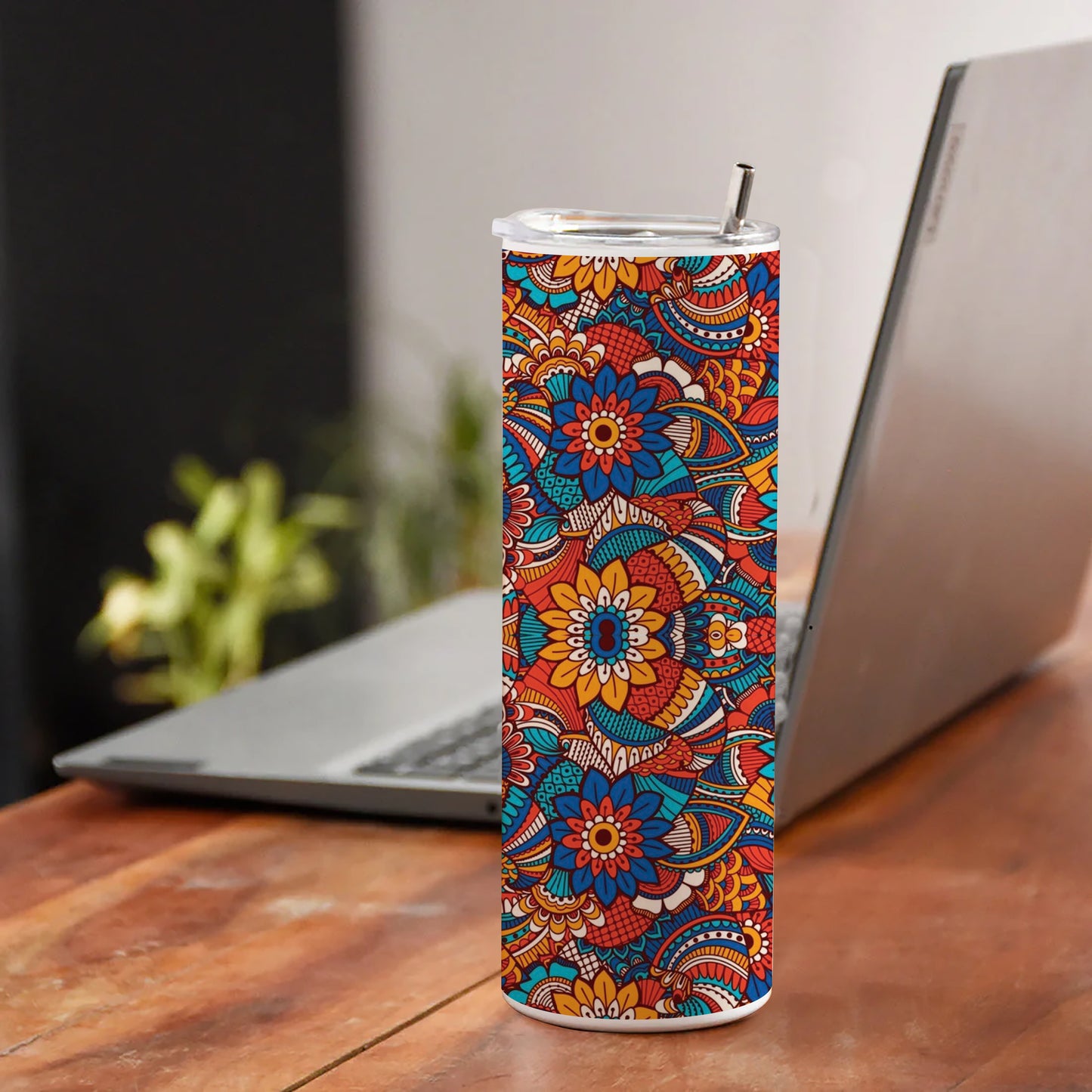 Hand drawn floral elements colorful ethnic seamless pattern Printed 750ML with Lid Leak Proof Travel Tumbler with Straw
