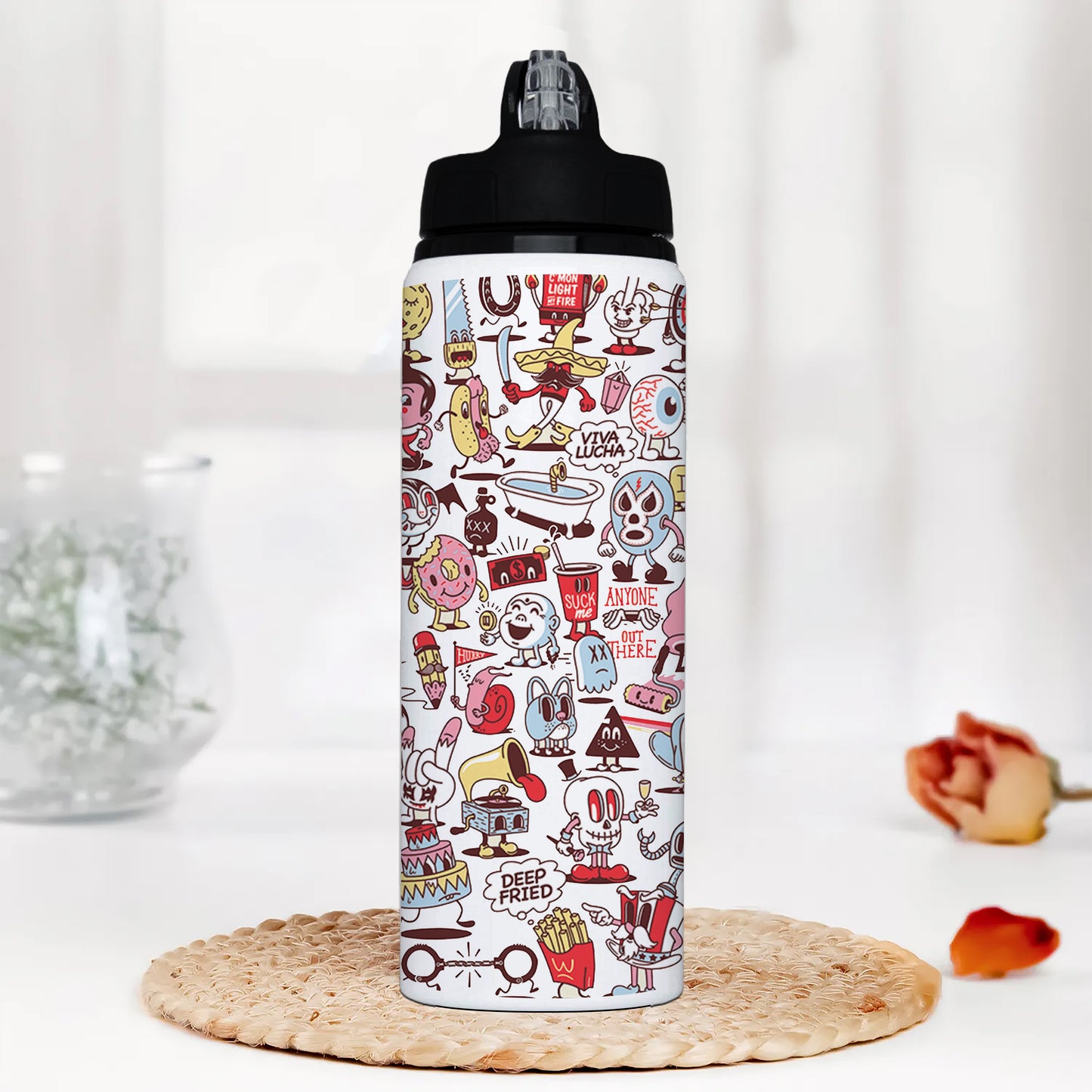 Cartoon doodle Pattern Printed Black Nozzle Water Bottle 750 ml For Gym, Yoga, Kids, Boys, Girls, Brother, Sister, Babies, Baby, Workout, Adults