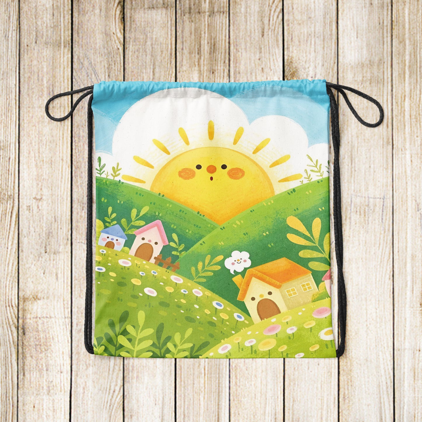 Sun and Mountains Pattern Polyester String Backpack Bags for kids for Gym, Yoga, Tuition ,Beach Bag for 4-10 year boys and girls