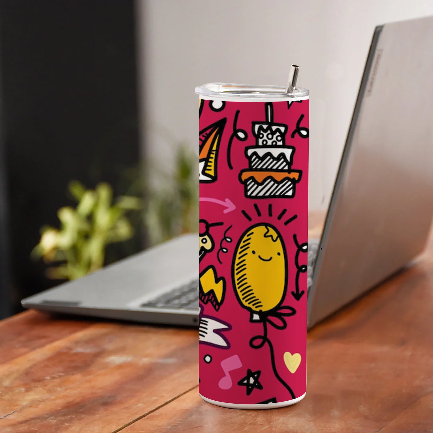Set of Party illustration Hand drawn doodle Sketch line Printed 750ML with Lid Leak Proof Travel Tumbler with Straw