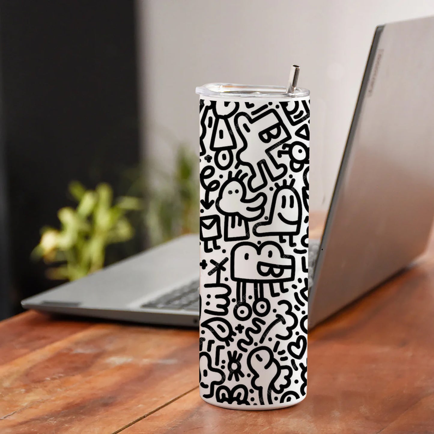 Black in white doodle art Printed 750ML with Lid Leak Proof Travel Tumbler with Straw