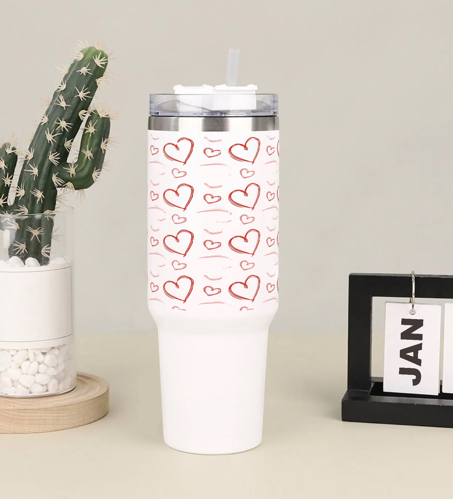 Sketchy hearts pattern Printed 850ML with Lid Leak Proof Big Travel Tumbler with Handle and Straw