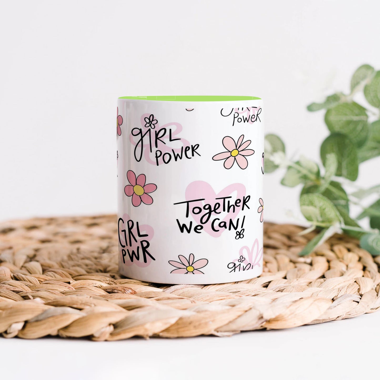 Cute pink flower and heart drawings Seamless pattern Light Green Handle 330 ml Coffee Mug