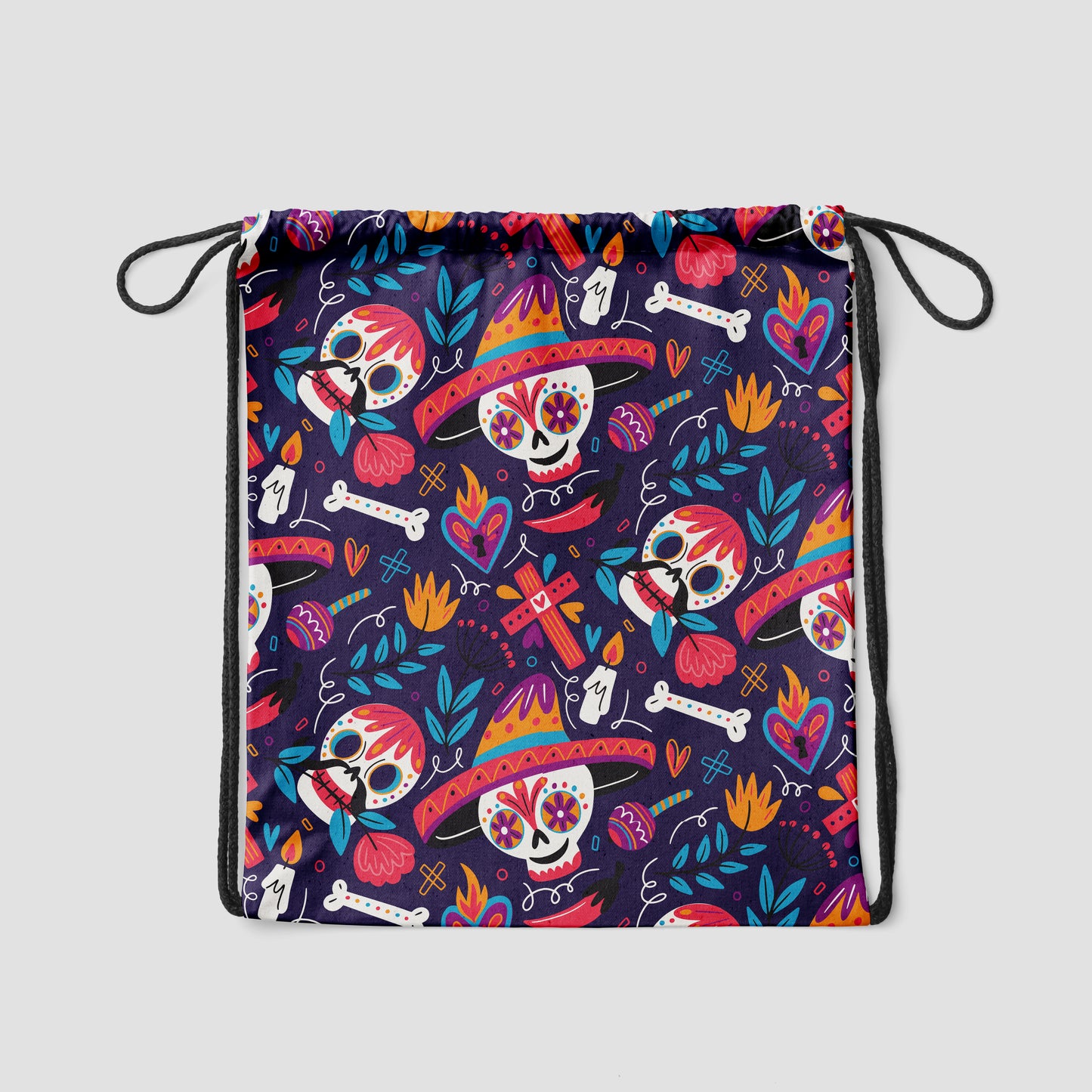 Hand Drawn Mexican Skull Pattern Polyester String Backpack Bags for kids for Gym, Yoga, Tuition ,Beach Bag for 4-10 year boys and girls