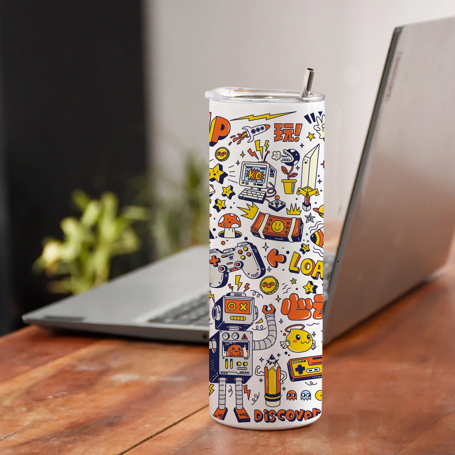 Game city colorful doodle art Printed 750ML with Lid Leak Proof Travel Tumbler with Straw