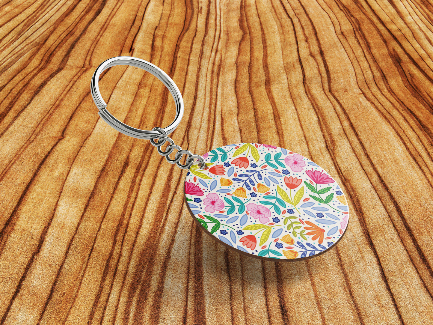 Amazing seamless floral pattern Printed Round Circle Shape Wooden Keyring with Chain