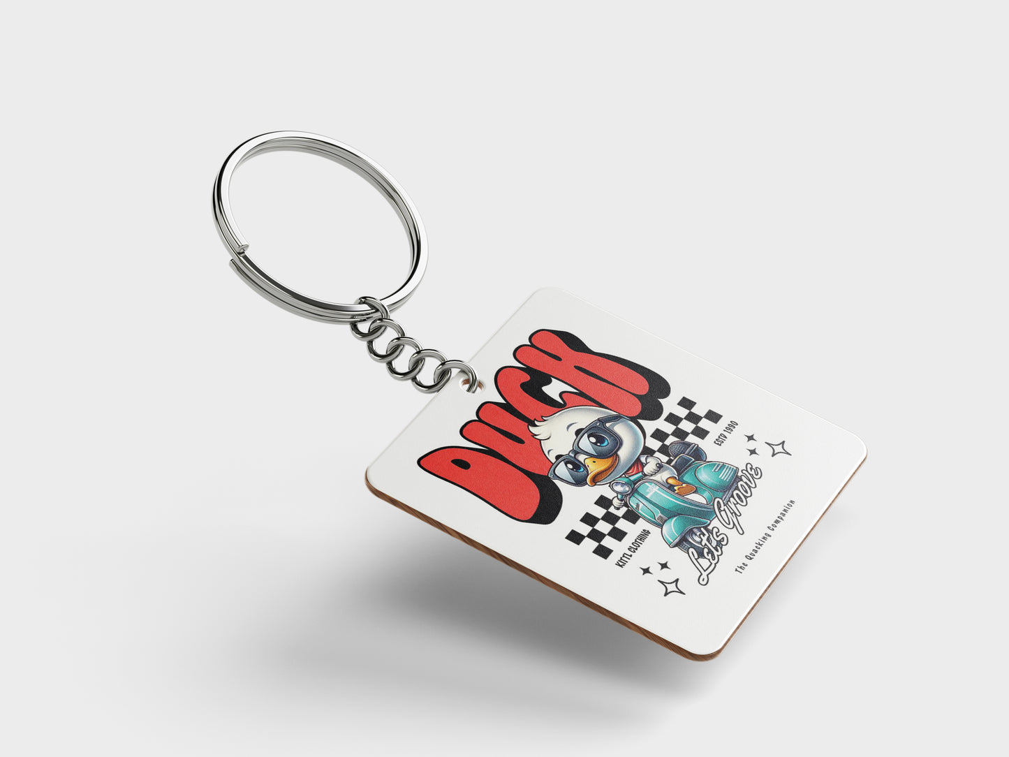 Duck - Lets Groove Design Printed Square Shape Wooden Keyring with Chain