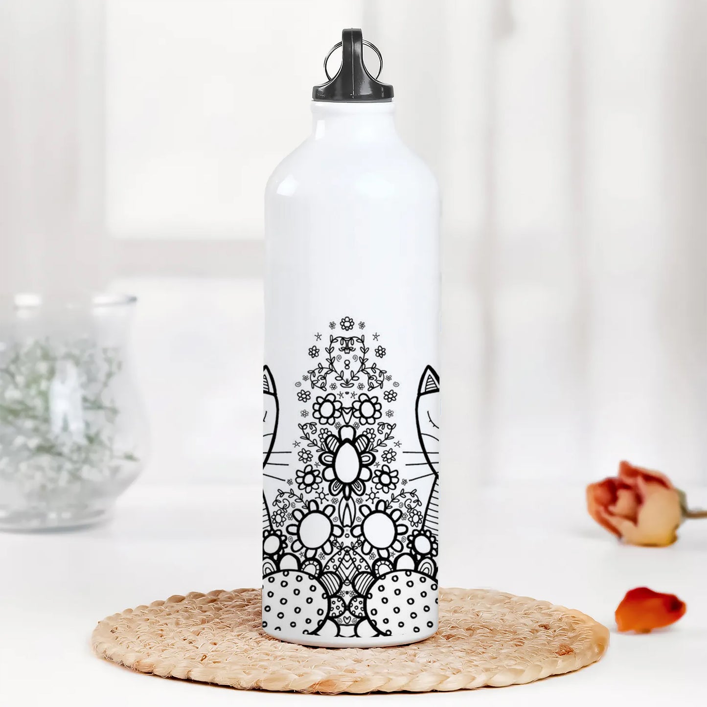Black in white doodle art cat and birds Printed Normal Sipper Water Bottle 750 ml For Gym, Yoga, Kids, Boys, Girls, Brother, Sister, Babies, Baby, Workout, Adults