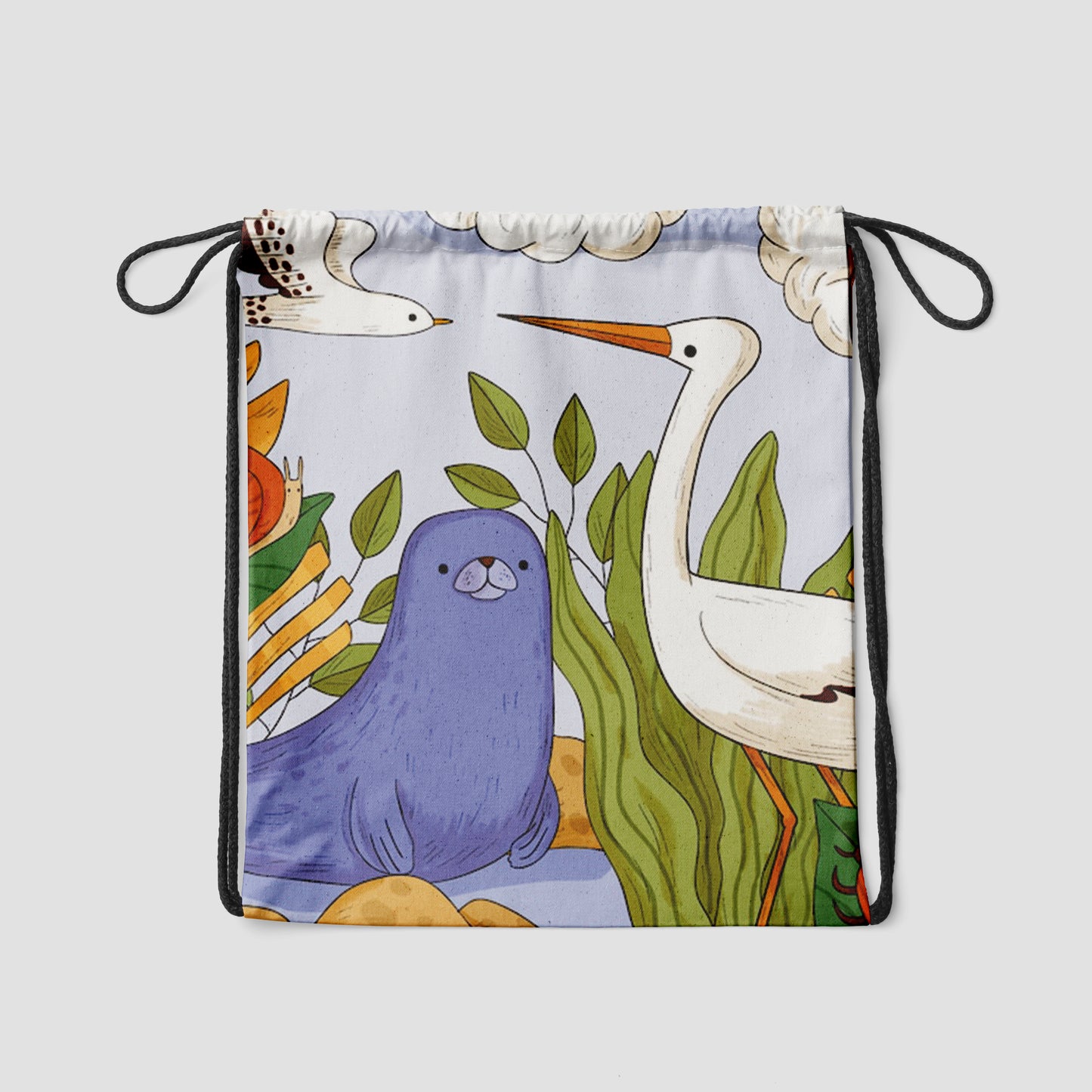 Hand Drawn Wildlife illustration Polyester String Backpack Bags for kids for Gym, Yoga, Tuition ,Beach Bag for 4-10 year boys and girls