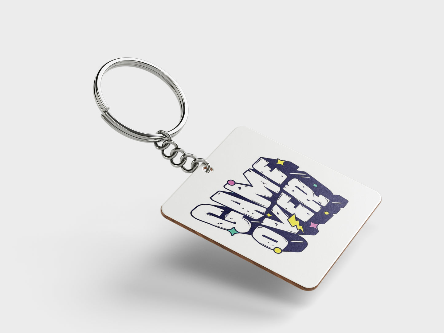 Game Over Digital Graphic Design Printed Square Shape Wooden Keyring with Chain