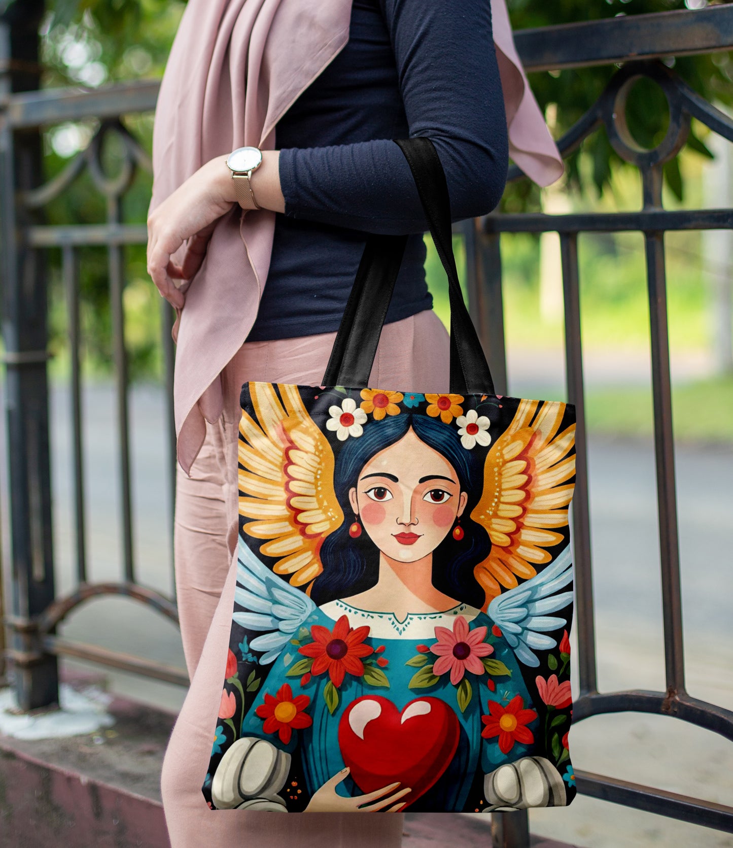 Fairy Queen Pattern Printed Black Handle Tote Bag (14 X 16 Inches) For Shopping, College, Travel