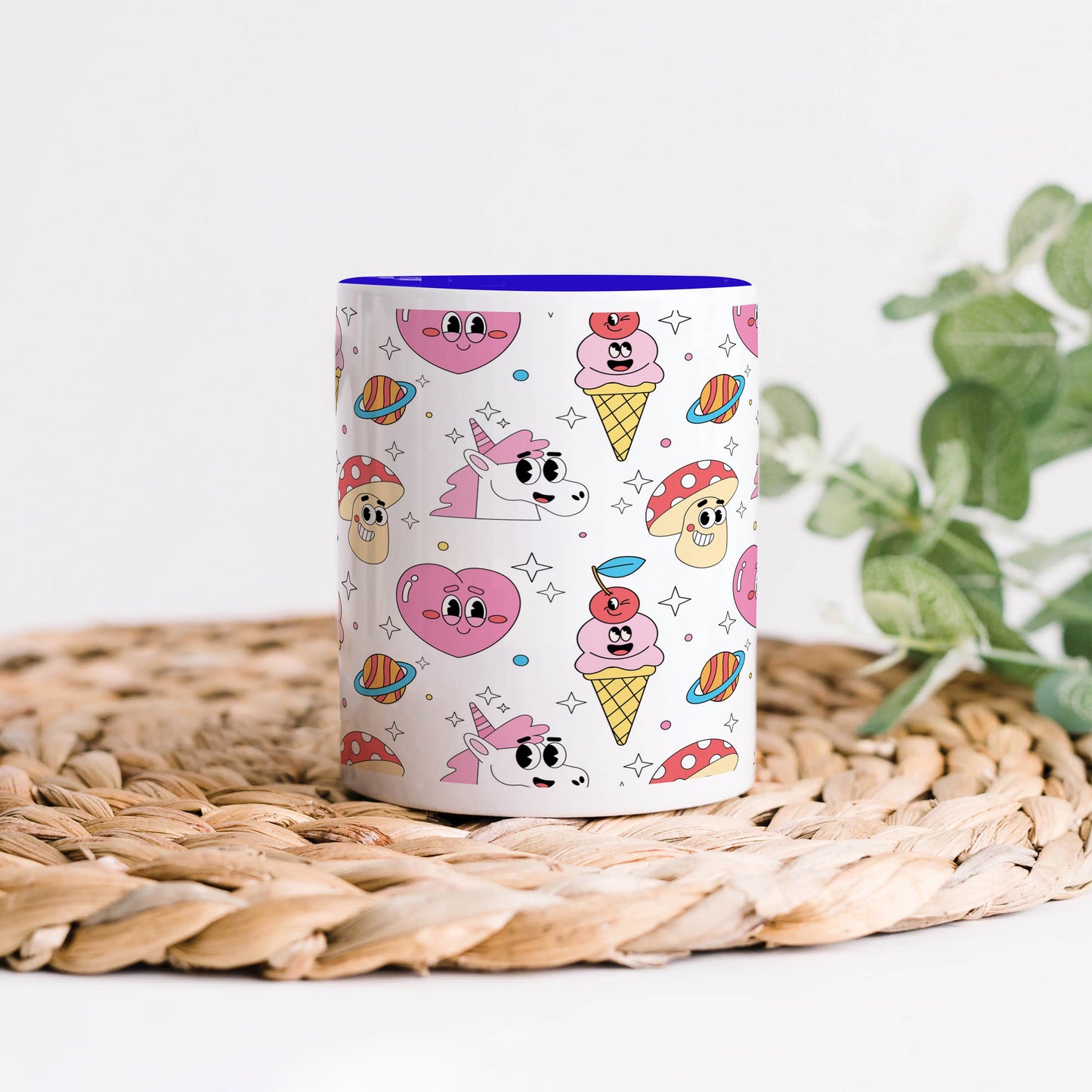 Hand drawn flat trendy cartoon patternDark Blue Handle 330 ml Coffee Mug
