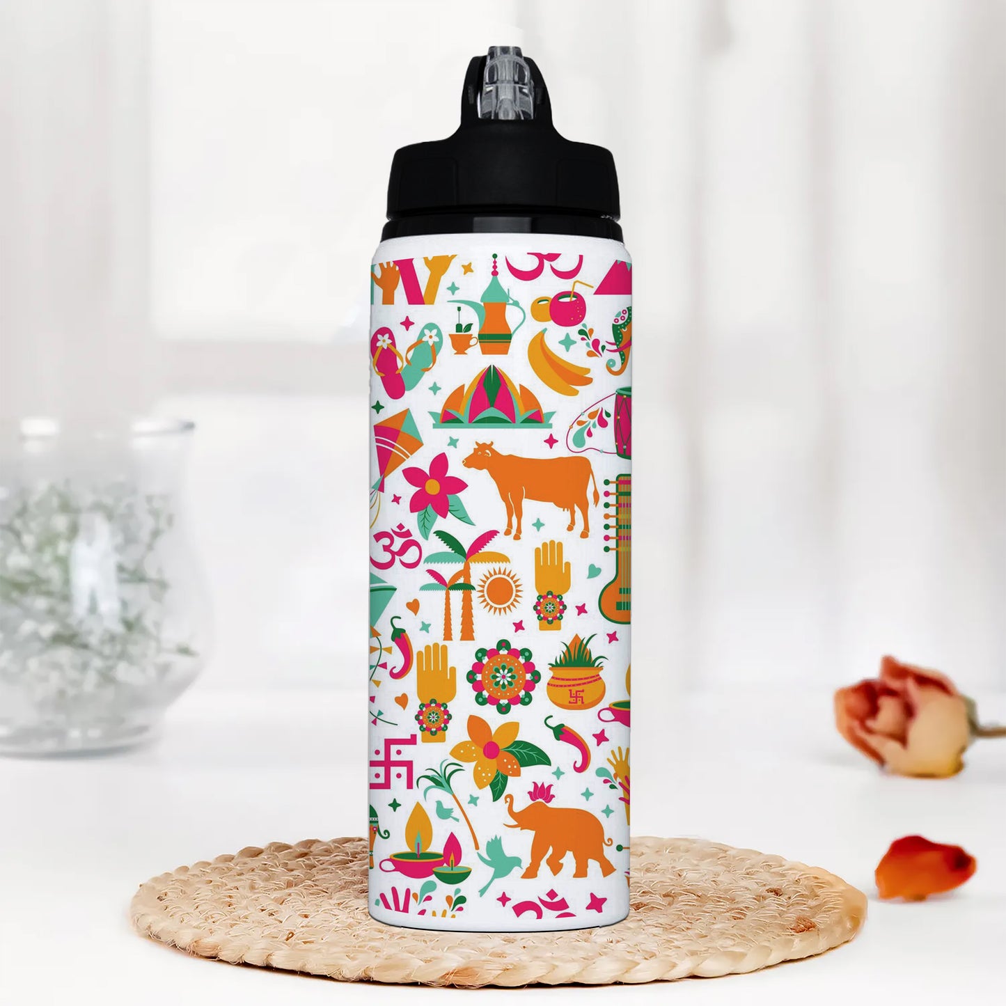 Indian architecture and Asian traditions set Pro Vector Printed Black Nozzle Water Bottle 750 ml For Gym, Yoga, Kids, Boys, Girls, Brother, Sister, Babies, Baby, Workout, Adults