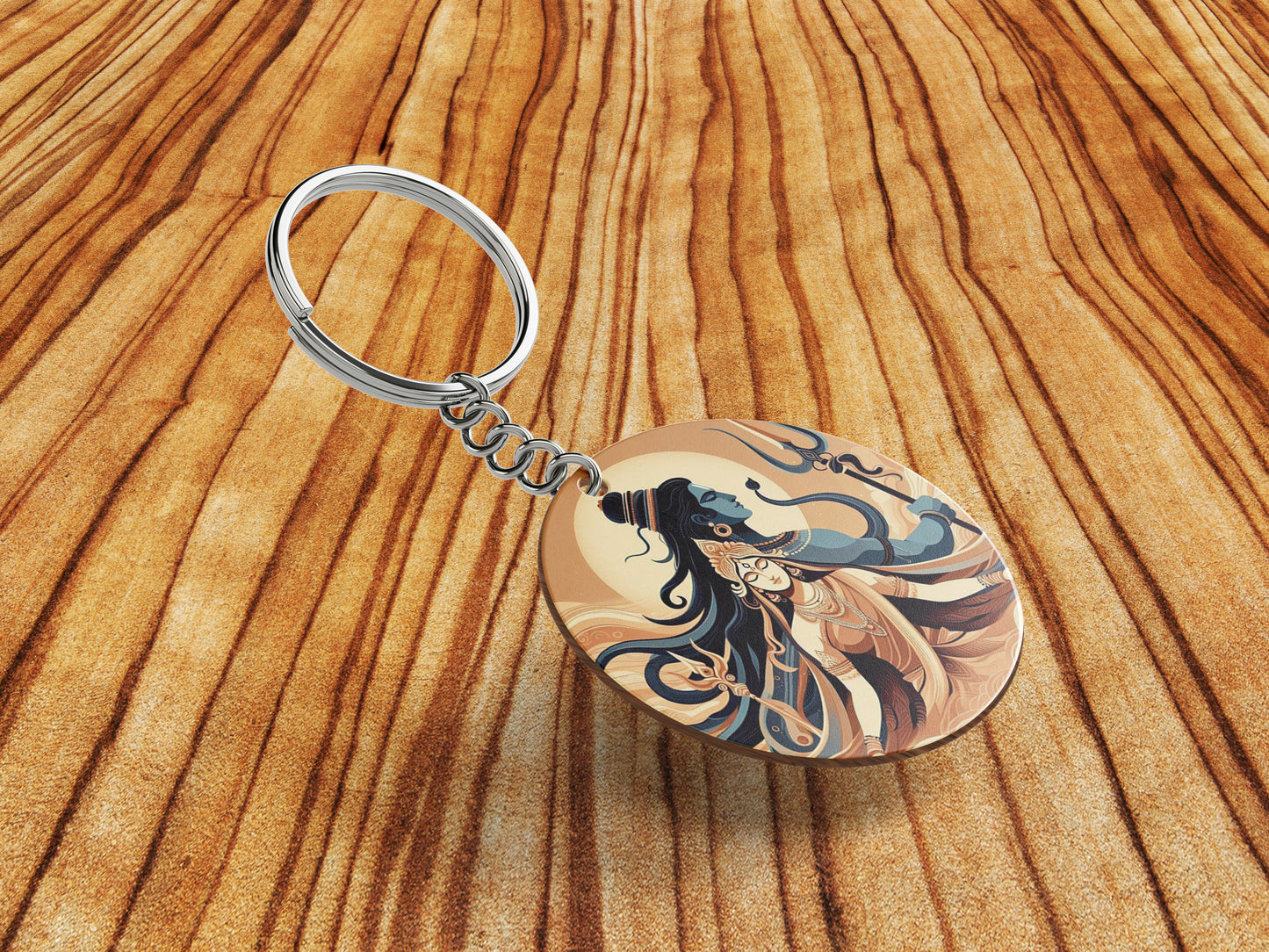 Maha Shivratri Lord Shiva Artwork, Mahadev illustration Printed Round Circle Shape Wooden Keyring with Chain
