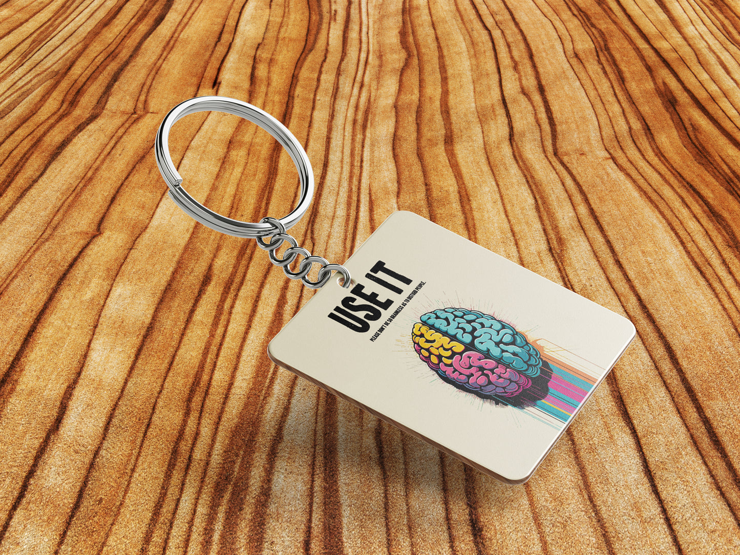 Vibrant Dual Hemisphere Brain Art Motivational Printed Square Shape Wooden Keyring with Chain